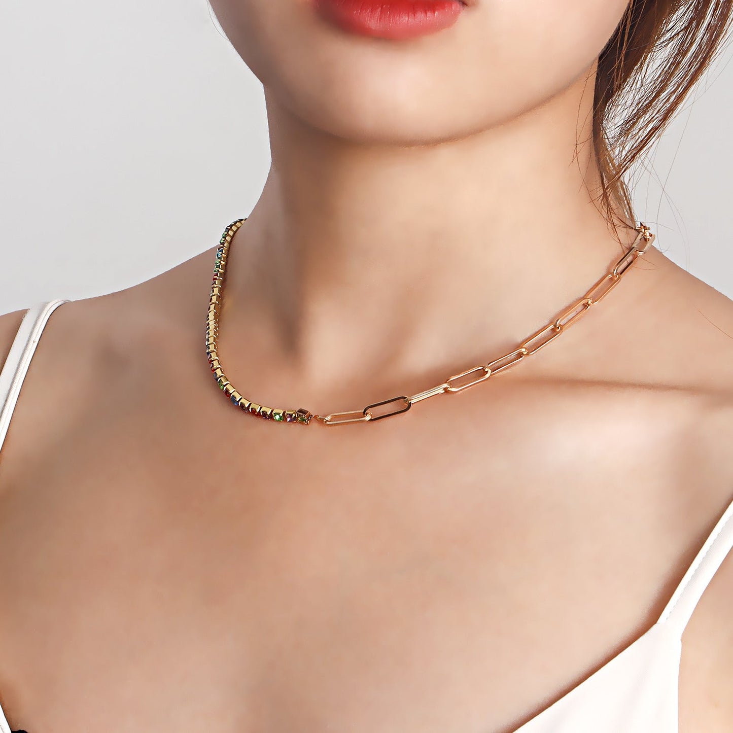 Paper Clip Chain with Colorful Zirconia Tennis Necklace