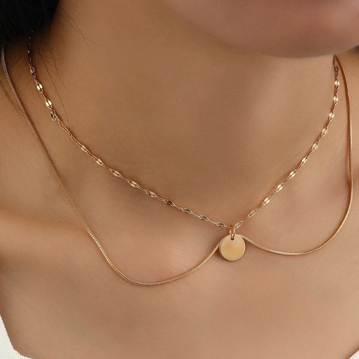 Double Layer Round Charm Pendant Necklace