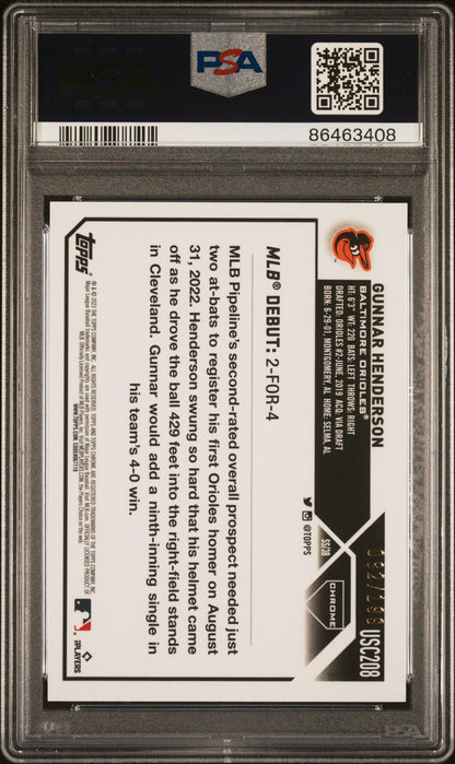 Graded 2023 Topps Chrome Update Gunnar Henderson #USC208 Aqua #/199 Rookie RC Baseball Card PSA 10 Gem Mint