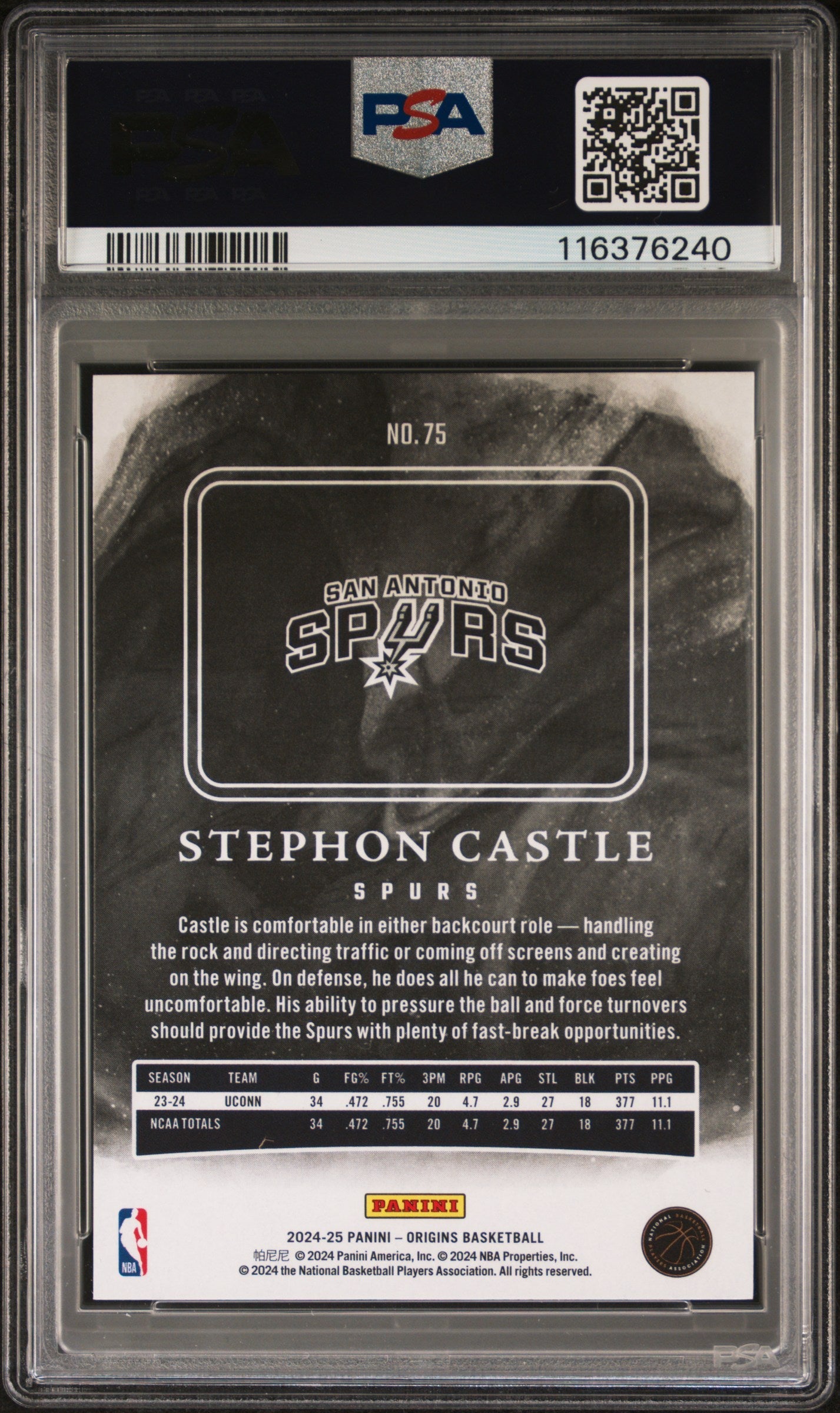 Graded 2024 Panini Origins Stephon Castle #75 Rookie RC Basketball Card PSA 10 Gem Mint