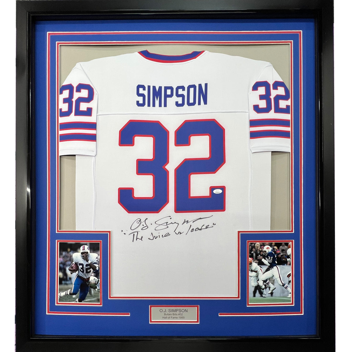 Framed Autographed/Signed OJ O.J. Simpson 35x39 The Juice Buffalo White Football Jersey JSA COA