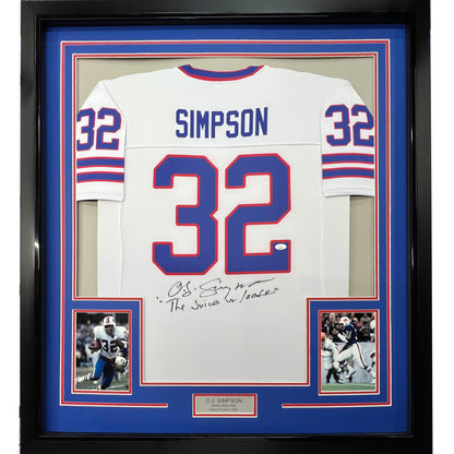 Framed Autographed/Signed OJ O.J. Simpson 35x39 The Juice Buffalo White Football Jersey JSA COA