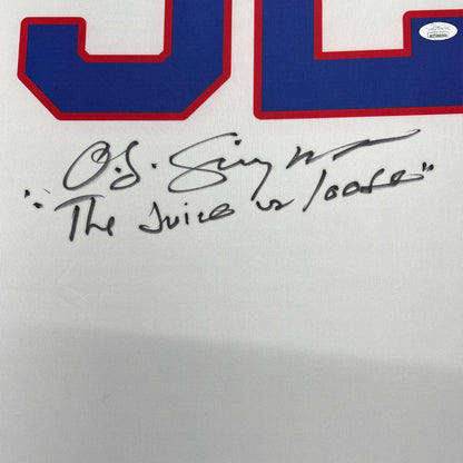 Framed Autographed/Signed OJ O.J. Simpson 35x39 The Juice Buffalo White Football Jersey JSA COA
