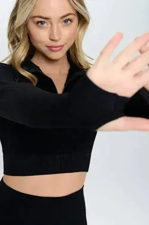 Seamless Half Zip Thumb Holes Crop Top | Stylish & Functional