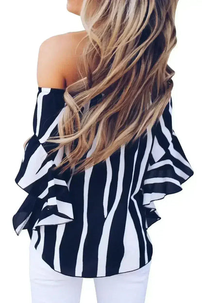 Off The Shoulder Vertical Black White Stripes Blouse