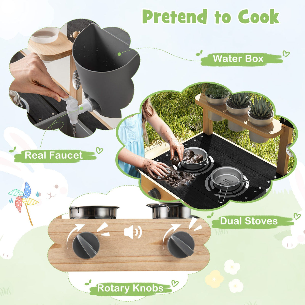 Outdoor Fir Wood Play Kitchen with Blackboard and Planting Pots-Natural
