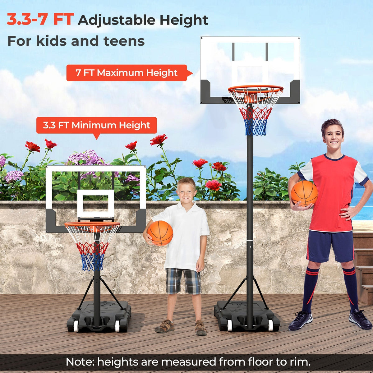 3.3-7 Feet Portable Adjustable Outdoor Kids Basketball Hoop Goal System