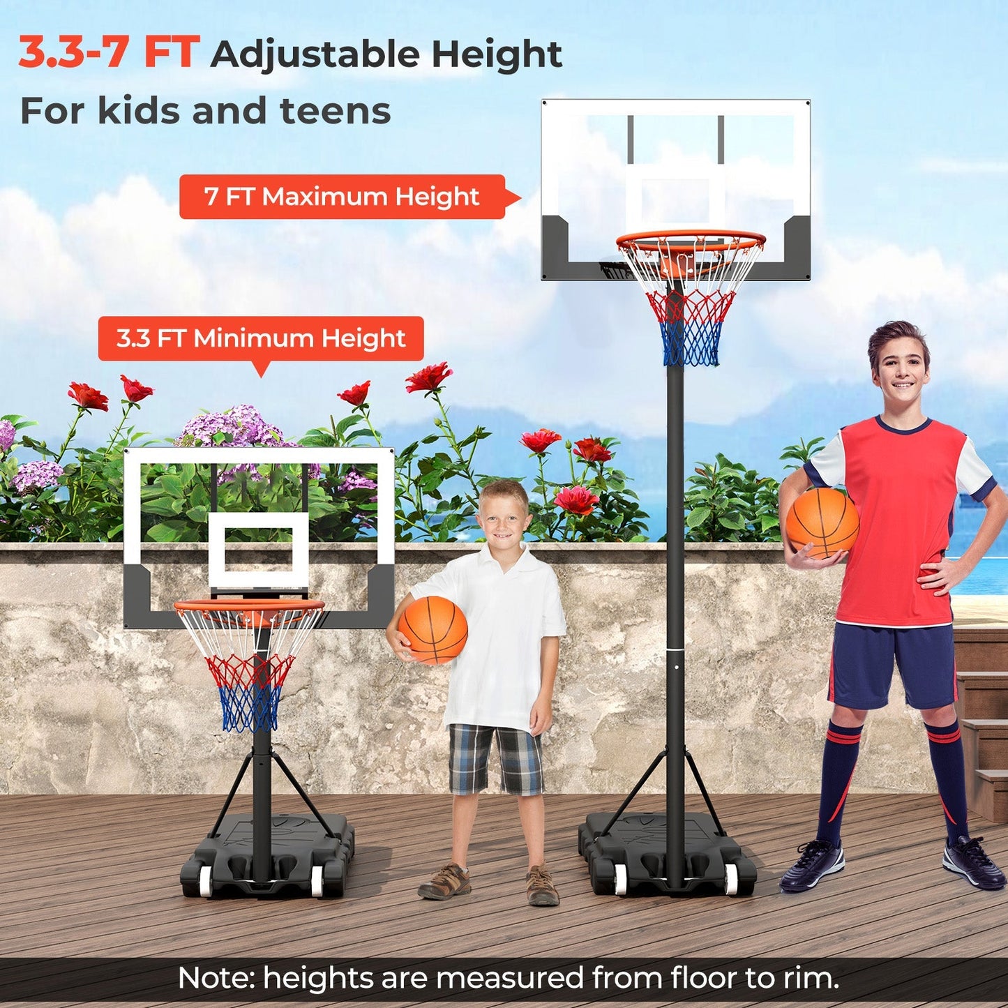 3.3-7 Feet Portable Adjustable Outdoor Kids Basketball Hoop Goal System