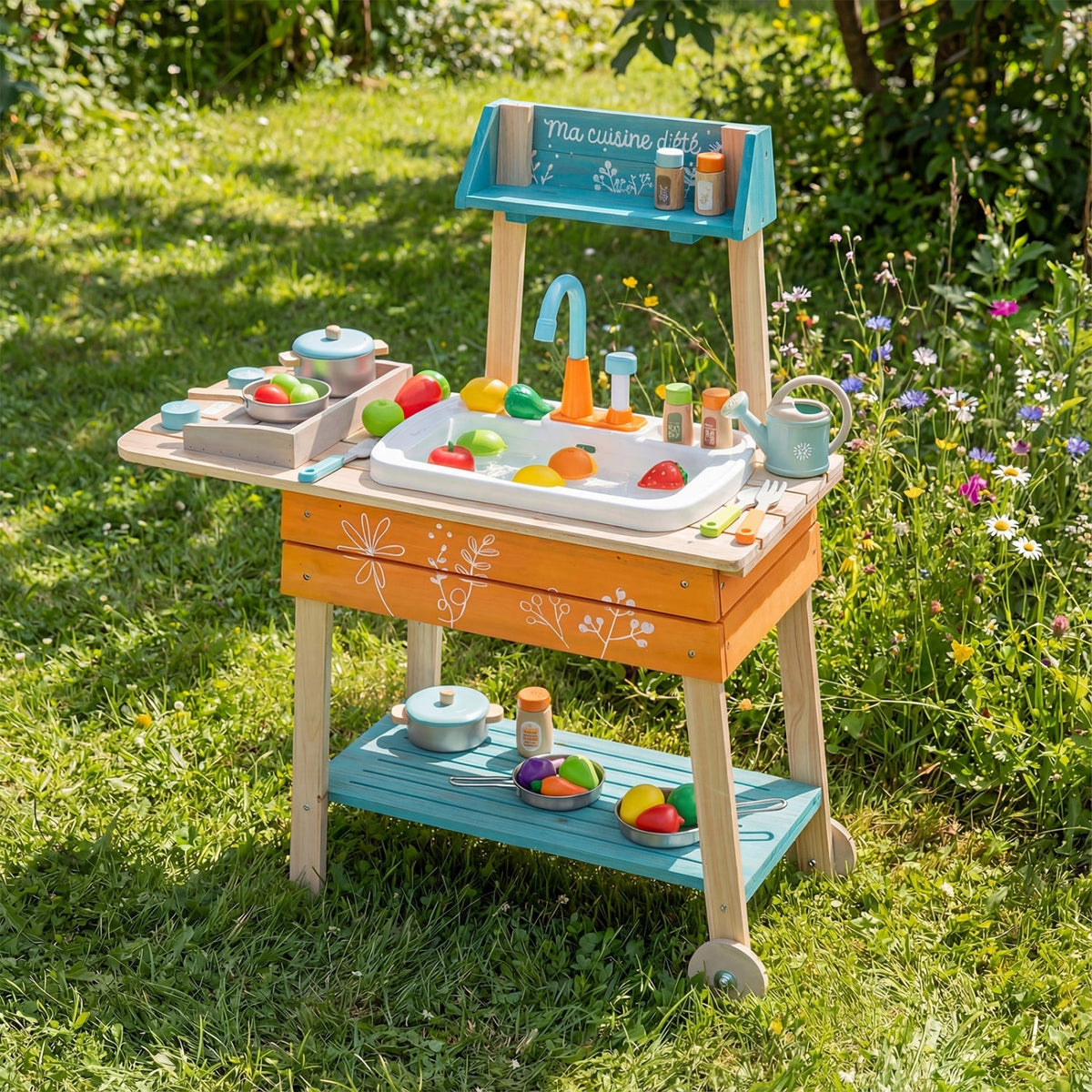 Outdoor Kids Play Kitchen Set Wooden Toy Kitchen Playset with Removable Sink