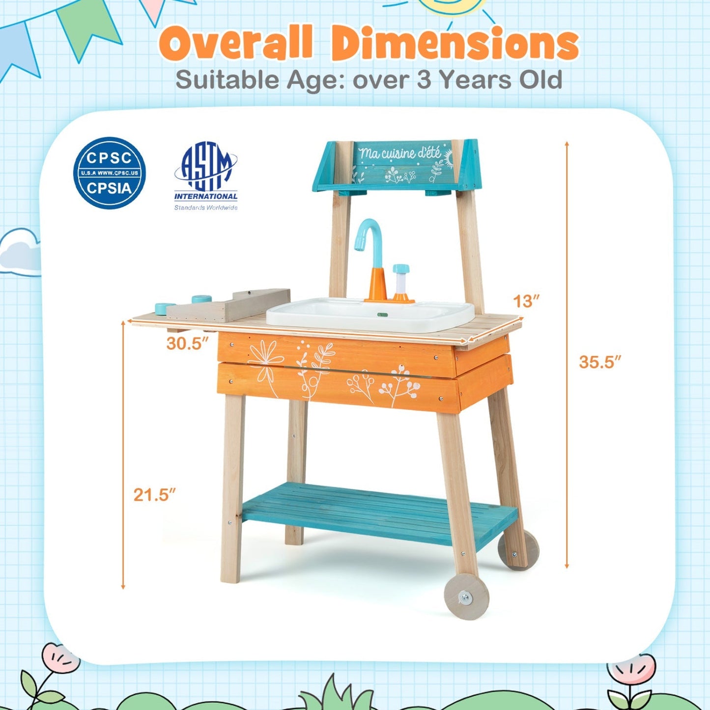 Outdoor Kids Play Kitchen Set Wooden Toy Kitchen Playset with Removable Sink