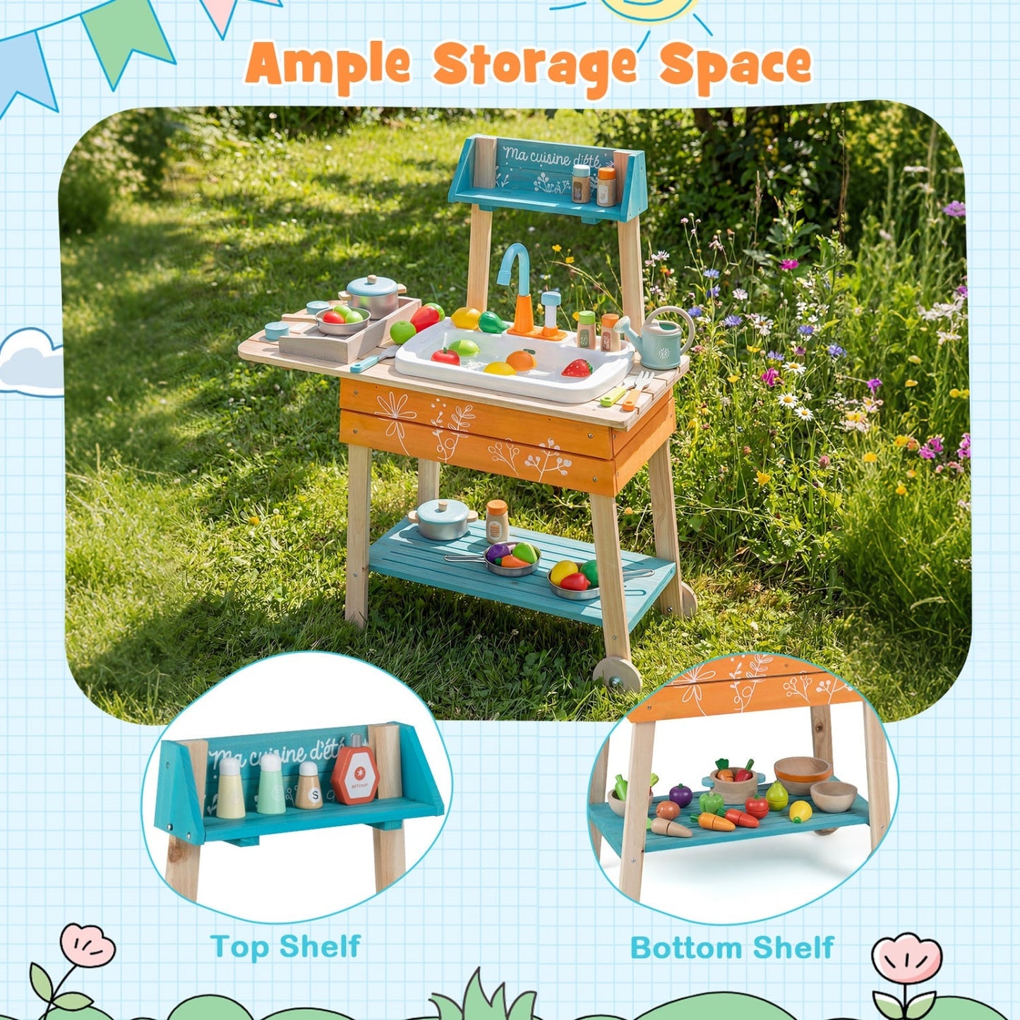Outdoor Kids Play Kitchen Set Wooden Toy Kitchen Playset with Removable Sink