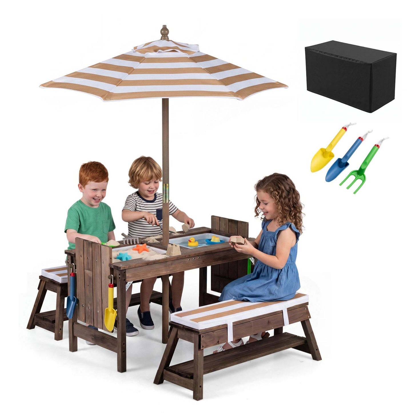 Kids Wooden Picnic Table Set with Umbrella and Sand Boxes