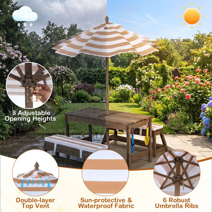 Kids Wooden Picnic Table Set with Umbrella and Sand Boxes