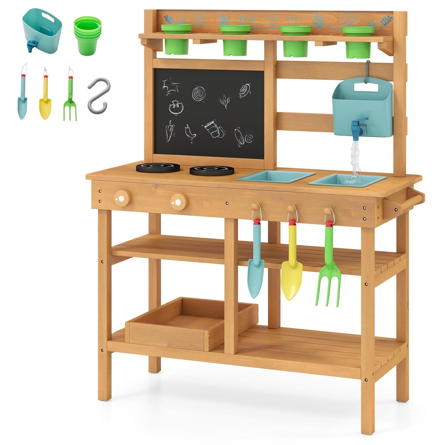 Outdoor Play Pretend Kitchen with Faucet and Removable Sinks for Children Aged 3+