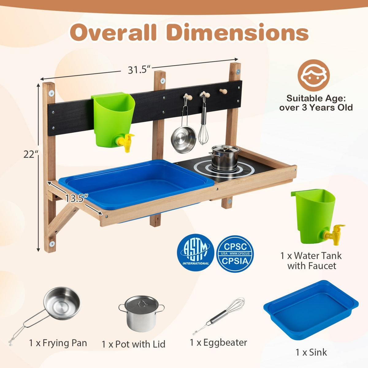 Wall Mounted Mud Kitchen for Kids Ages 3+