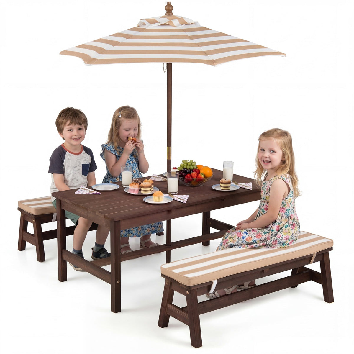 Outdoor Wooden Kids Picnic Table with Removable Umbrella and Cushions
