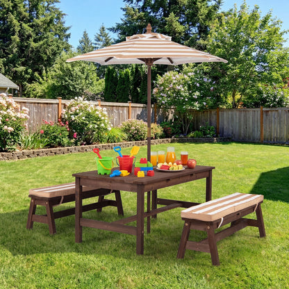 Outdoor Wooden Kids Picnic Table with Removable Umbrella and Cushions
