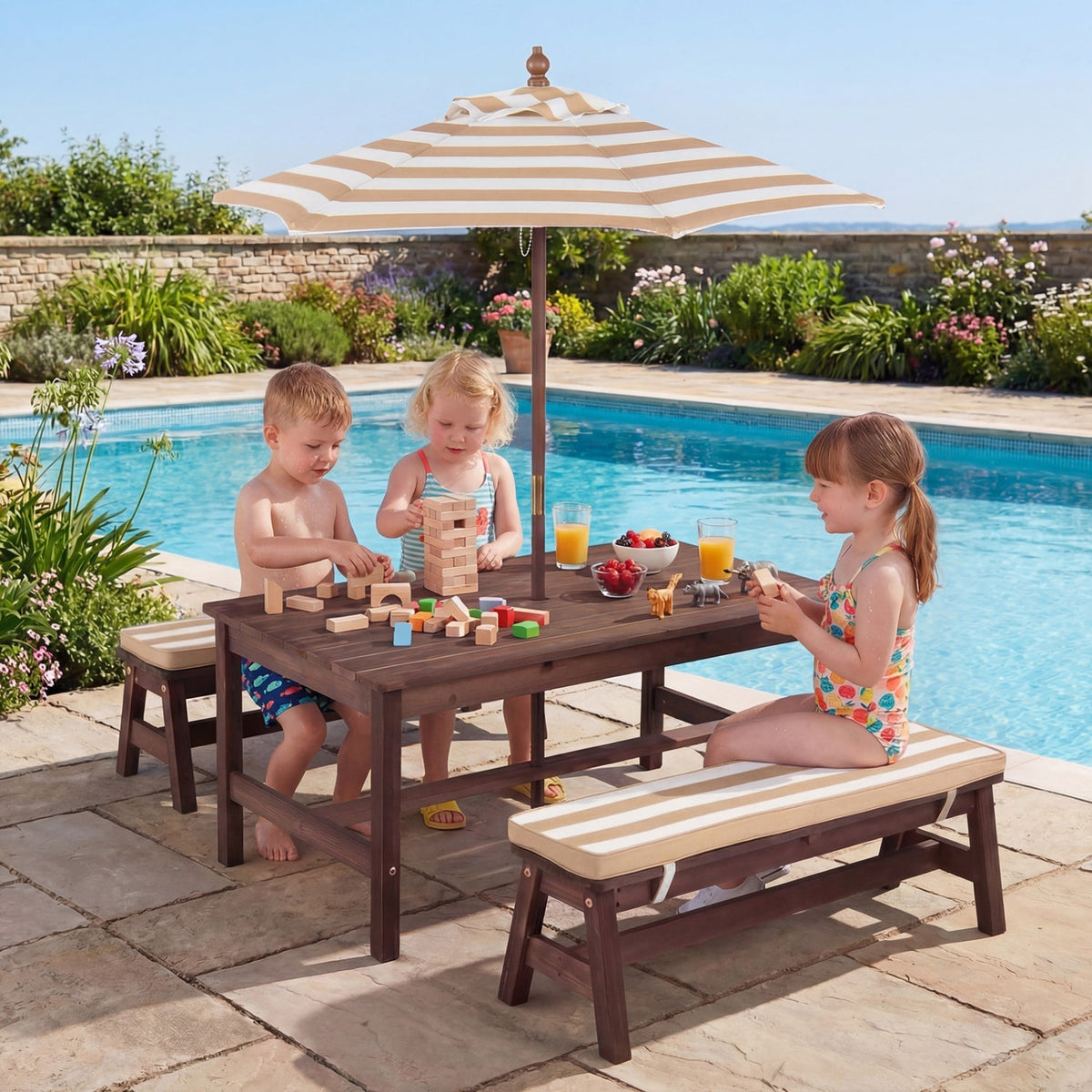 Outdoor Wooden Kids Picnic Table with Removable Umbrella and Cushions