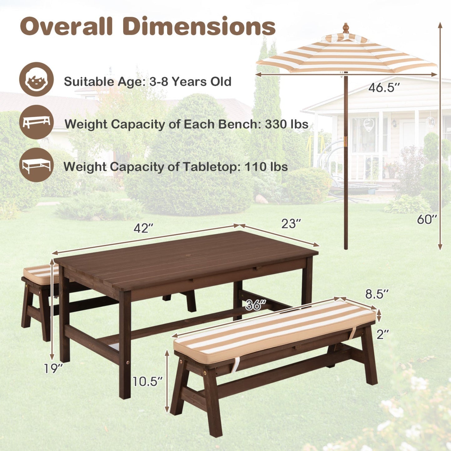 Outdoor Wooden Kids Picnic Table with Removable Umbrella and Cushions