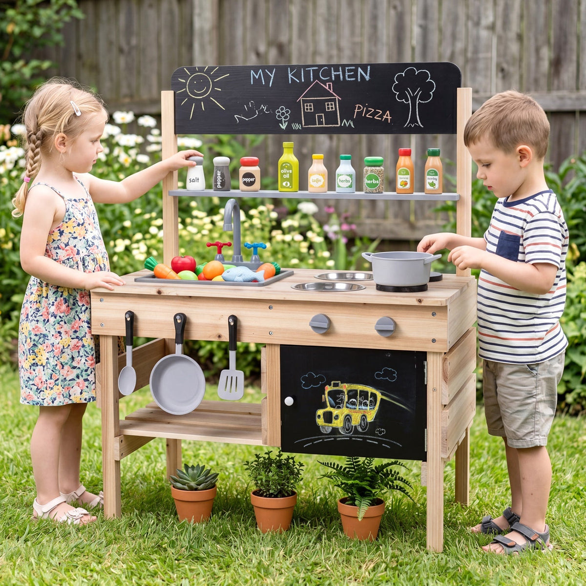 Outdoor Wooden Mud Kitchen for Kids with Sink and Stoves