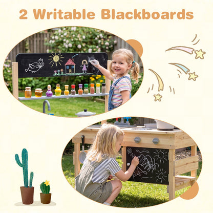 Outdoor Wooden Mud Kitchen for Kids with Sink and Stoves