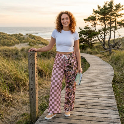 Pink plaid camo adult women fall pants