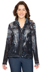 Women's Zip Front Mesh Denim Look Printed Jacket