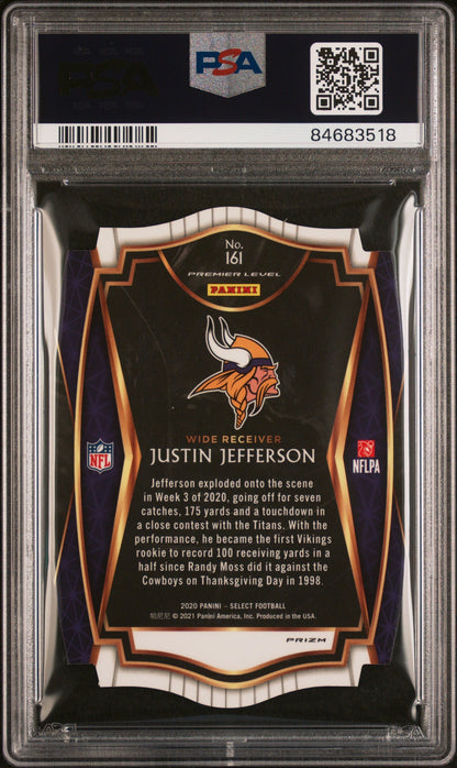 Graded 2020 Panini Select Justin Jefferson #161 Die Cut White Prizm Rookie RC Football Card PSA 10 Gem Mint