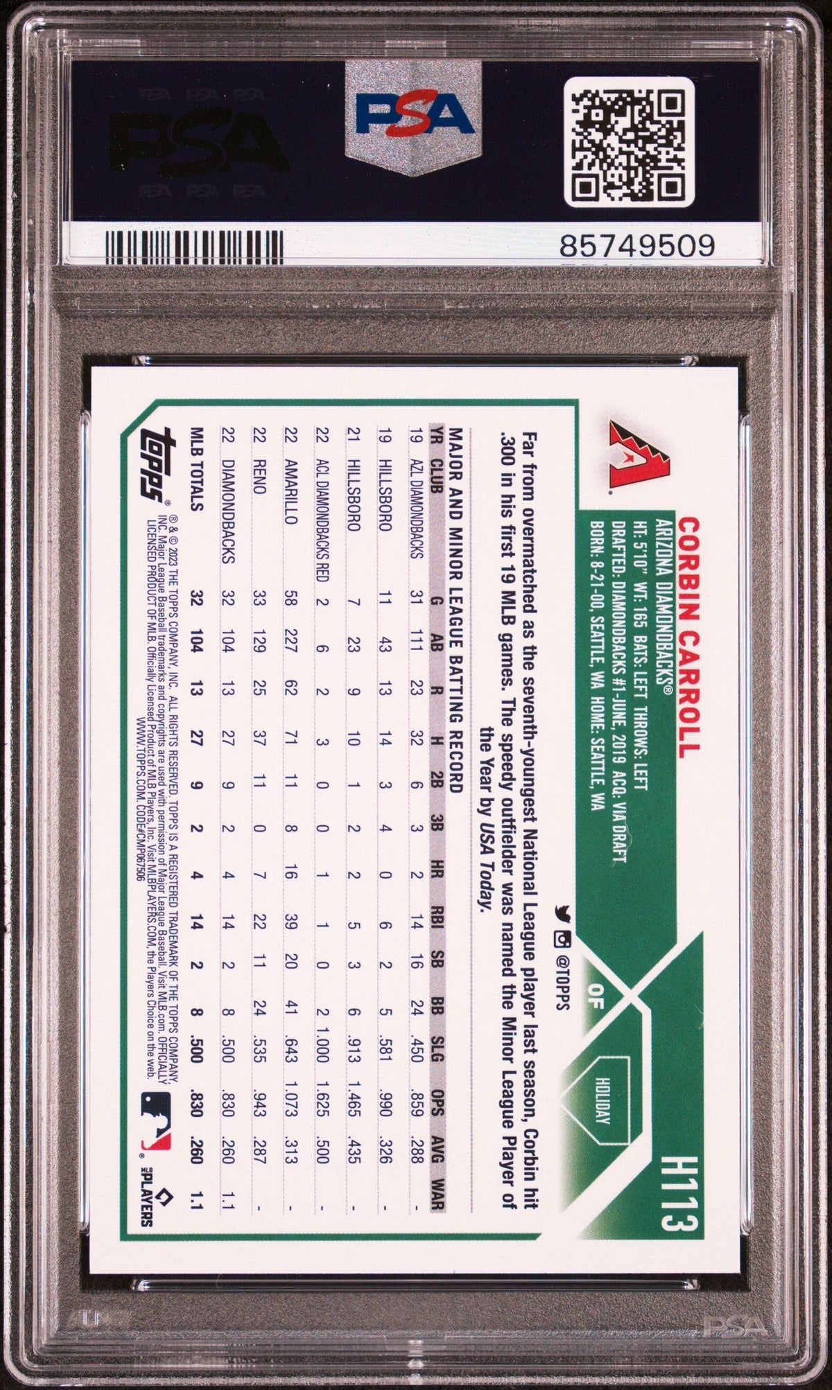 Graded 2023 Topps Holiday Corbin Carroll #H113 Rookie RC Baseball Card PSA 10 Gem Mint