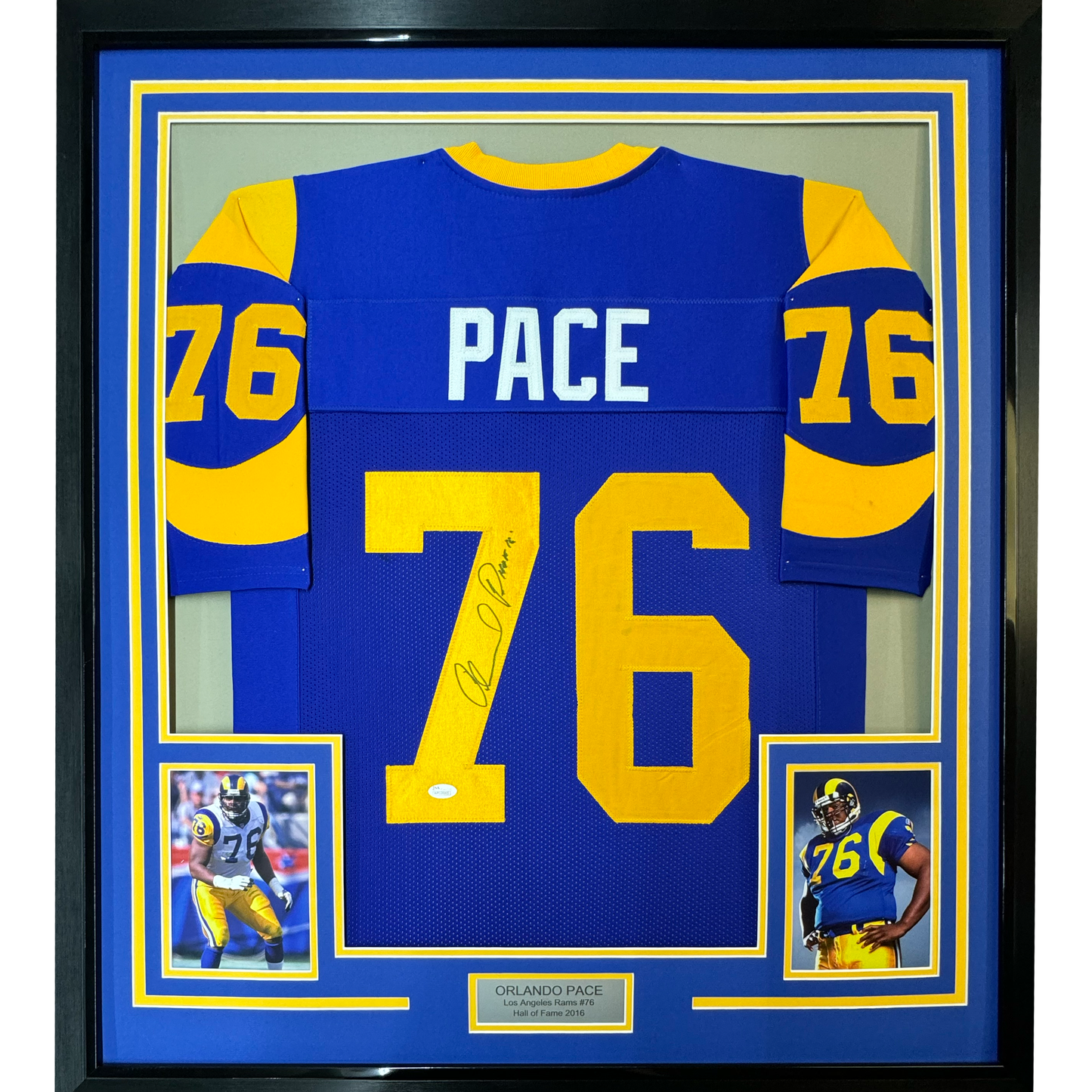Framed Autographed/Signed Orlando Pace 35x39 Los Angeles LA Blue Football Jersey JSA COA