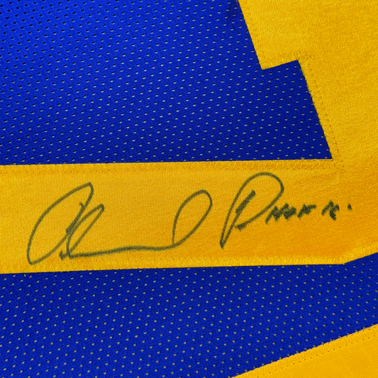 Framed Autographed/Signed Orlando Pace 35x39 Los Angeles LA Blue Football Jersey JSA COA