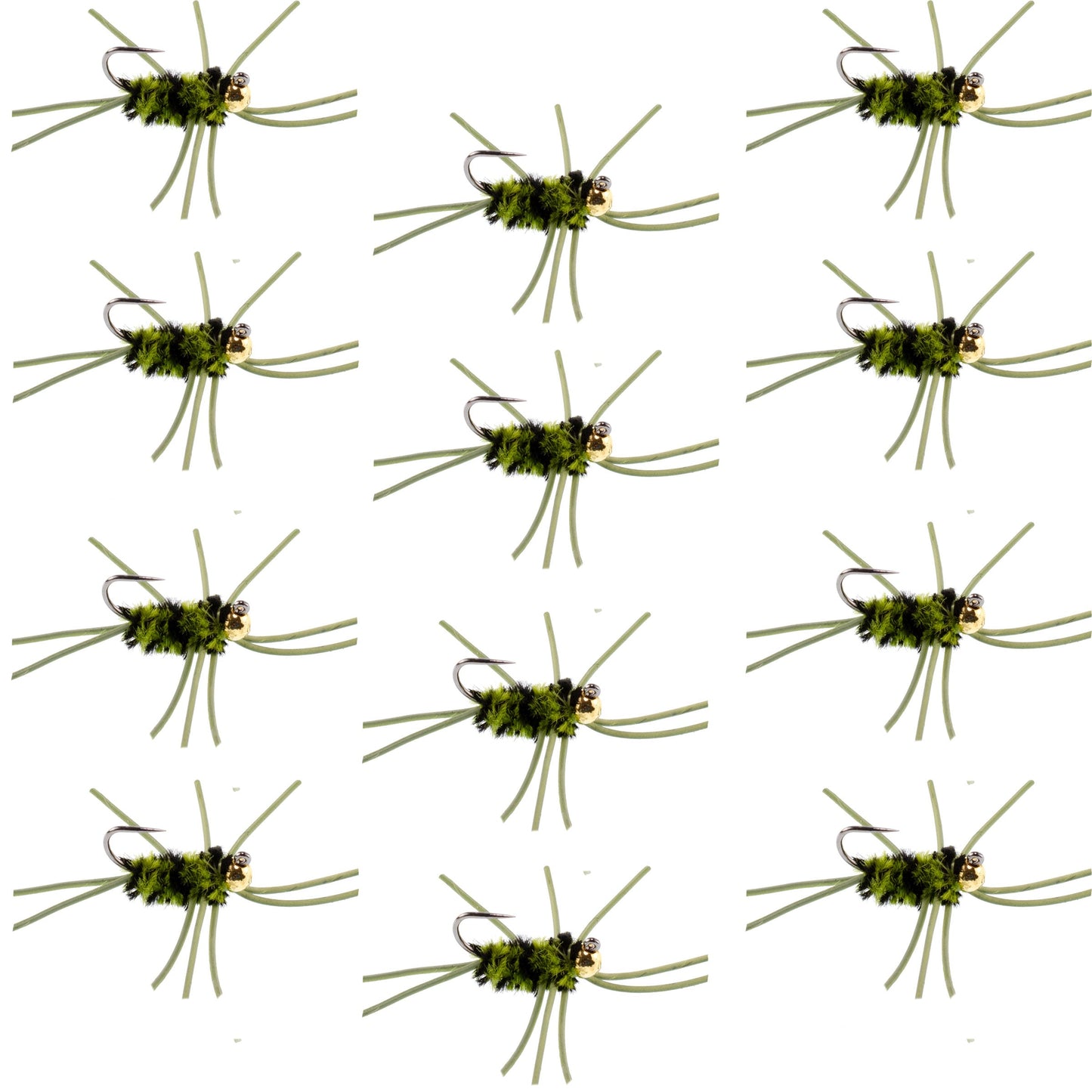 Pat's Rubber Legs Tungsten Jig Black/Olive Euro Nymph 12 Flies Size 10