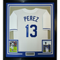 Framed Autographed/Signed Salvador Perez 35x39 Kansas City White Baseball Jersey Beckett BAS COA