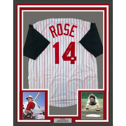 Framed Autographed/Signed Pete Rose 35x39 Cincinnati Pinstripe Baseball Jersey Athlete Hologram COA Holo