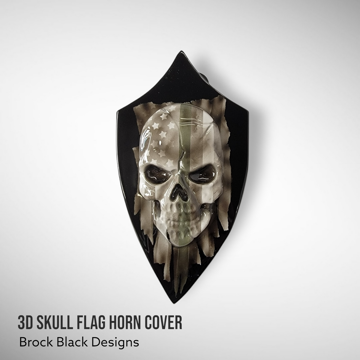 Custom Side-mounted horn 3D skull with tattered American flag