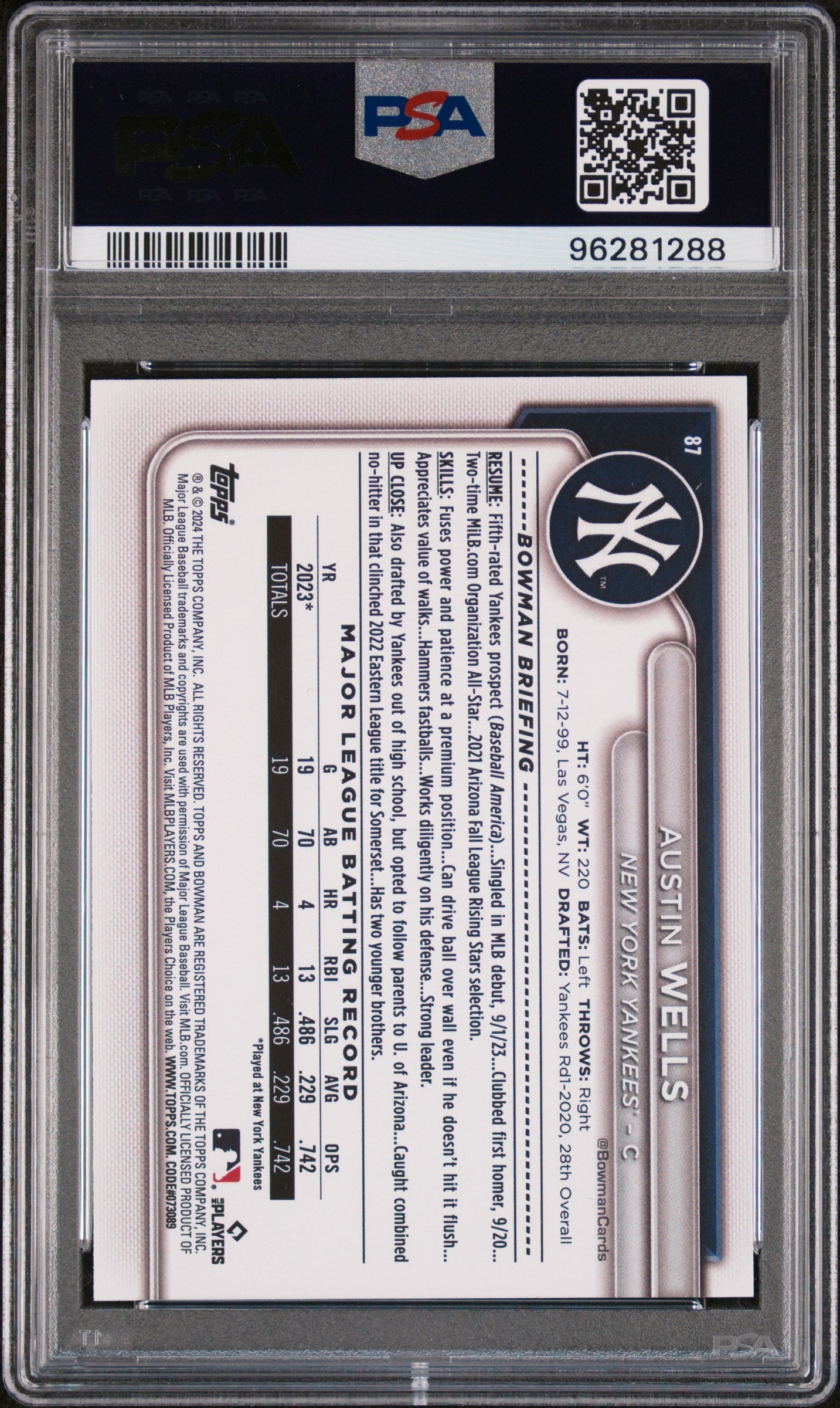 Graded 2024 Topps Bowman Austin Wells #87 Sky Blue /499 Rookie RC Baseball Card PSA 10 Gem Mint