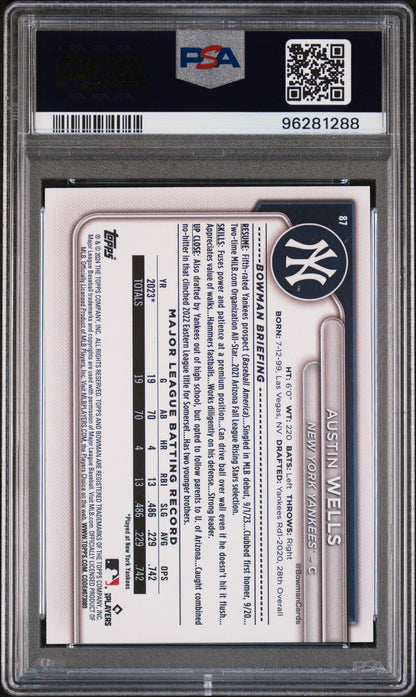Graded 2024 Topps Bowman Austin Wells #87 Sky Blue /499 Rookie RC Baseball Card PSA 10 Gem Mint