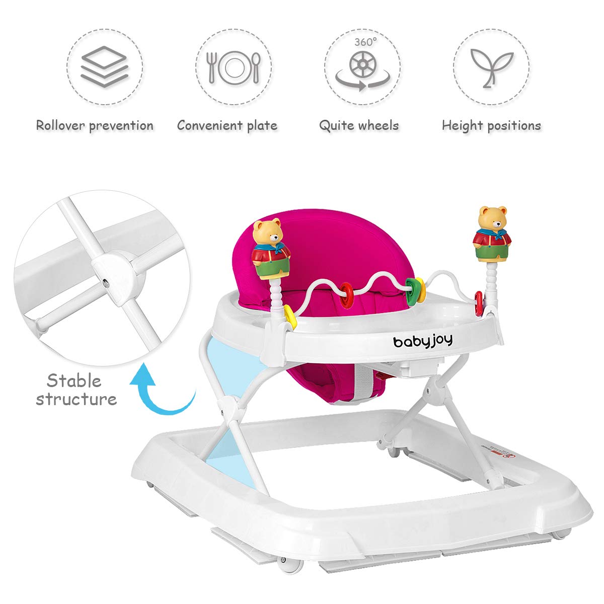 Adjustable Height Removable Folding Portable Baby Walker-Pink