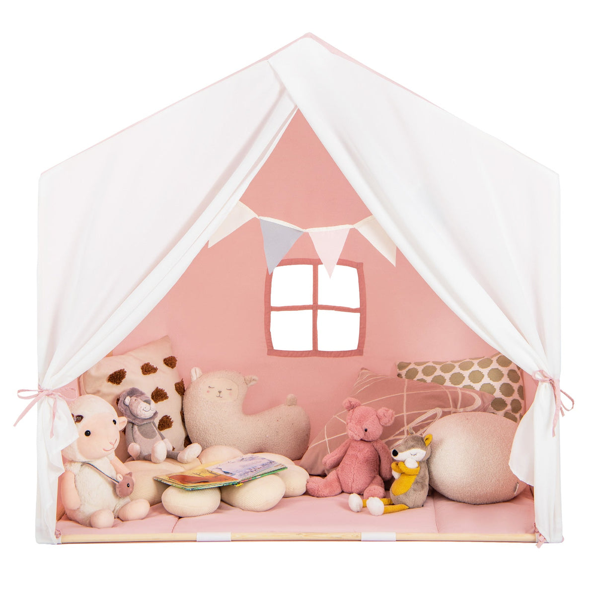 Kid's Play Tent with Washable Cotton Mat and Flag Banner-Pink