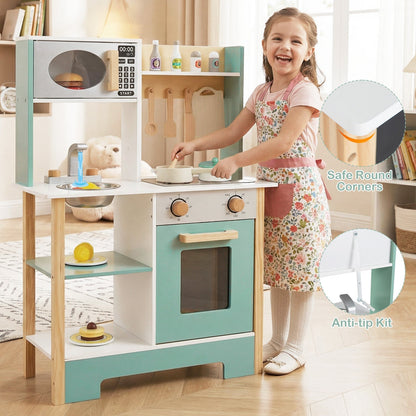 Play Kitchen Wooden Toy Kitchen Playset with Chalkboard Birthday Gift for Kids Aged 3 +
