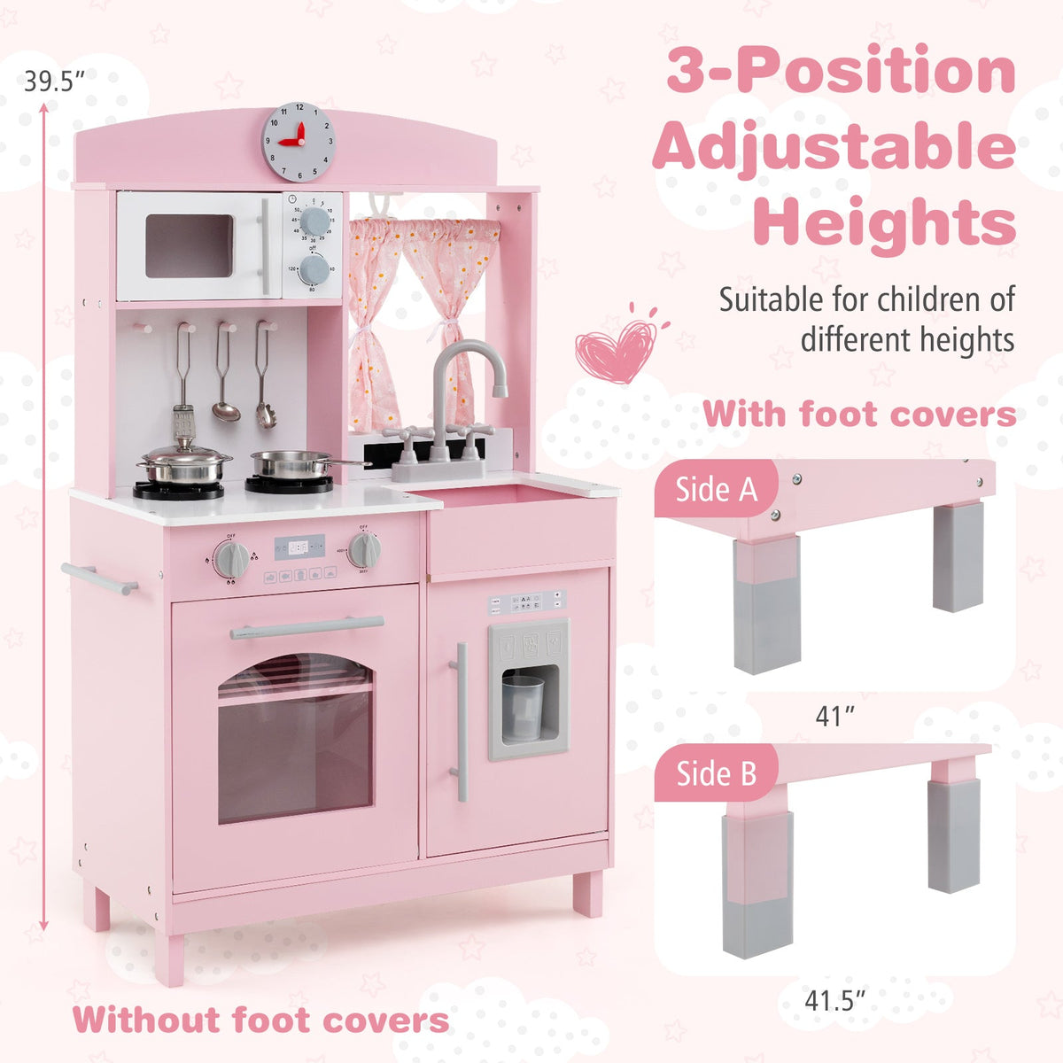 Play Kitchen for Kids Wooden Chef Pretend Playset with 3 Adjustable Heights Microwave