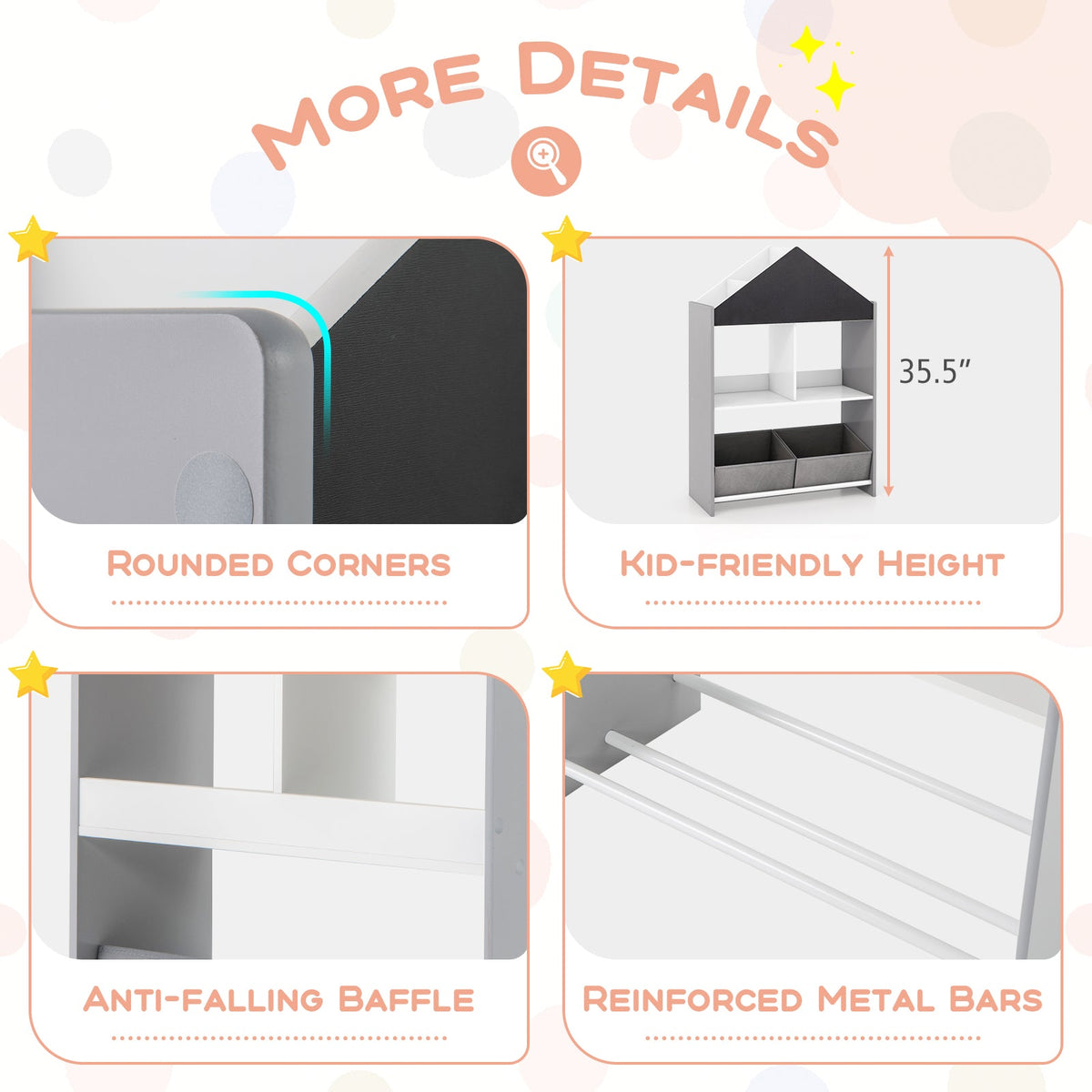Playhouse Kids Bookshelf with Chalkboard and Whiteboard for 3-6 Years-Gray