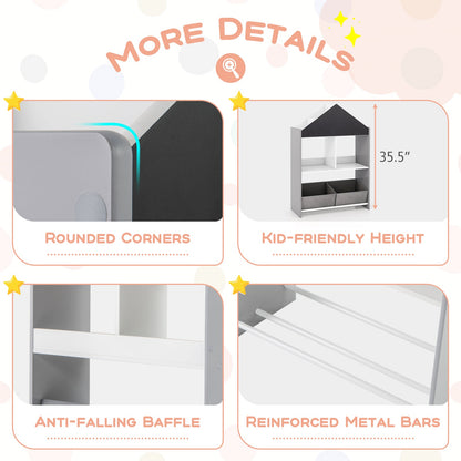 Playhouse Kids Bookshelf with Chalkboard and Whiteboard for 3-6 Years-Gray
