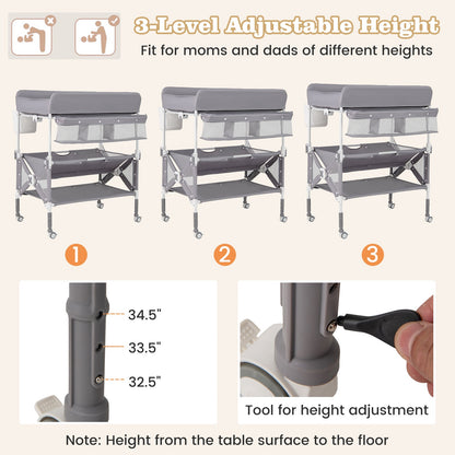 Portable Baby Changing Table with Wheels and Large Storage Rack-Gray