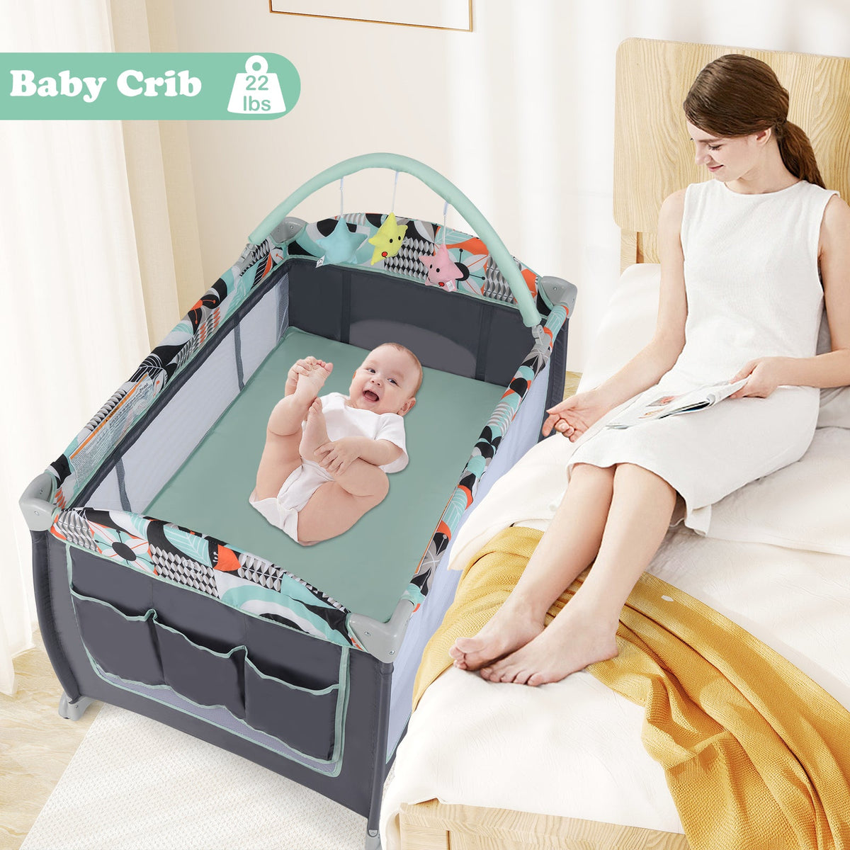 3-in-1 Portable Baby Playard with Zippered Door and Toy Bar-Blue