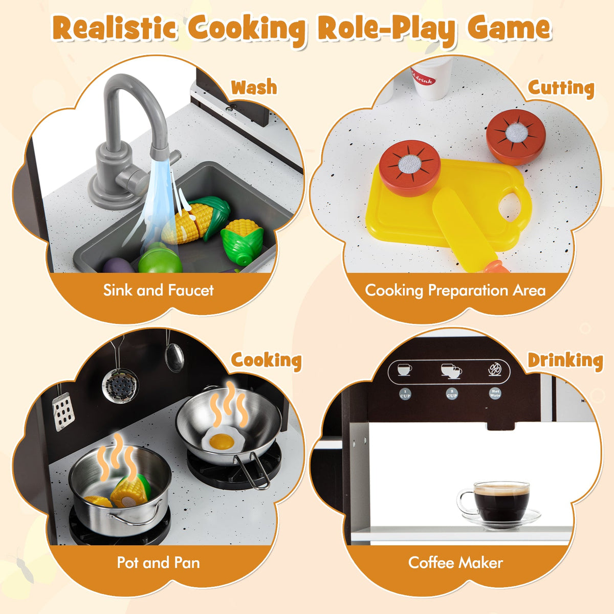 Pretend Play Kitchen Wooden Toy Set with Range Hood Real Sounds and Lights-Brown