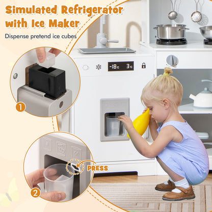 Pretend Play Kitchen Wooden Toy Set with Range Hood Real Sounds and Lights-White