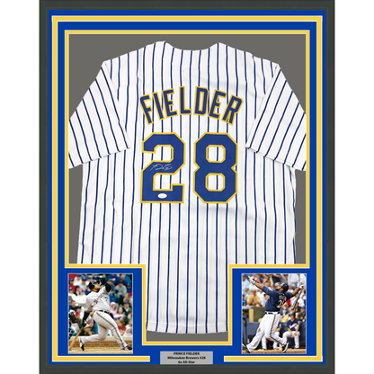 Framed Autographed/Signed Prince Fielder 35x39 Milwaukee White Pinstripe Baseball Jersey JSA COA