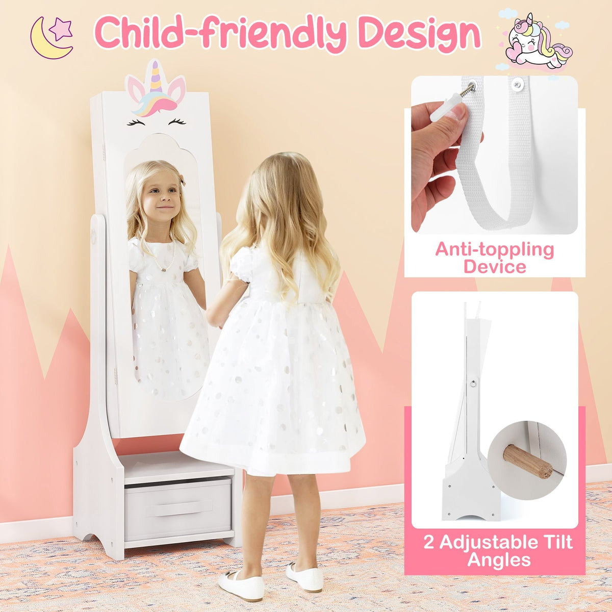 Kids Princess Vanity Table and Stool Set with Jewelry Cabinet and Mirror Drawer