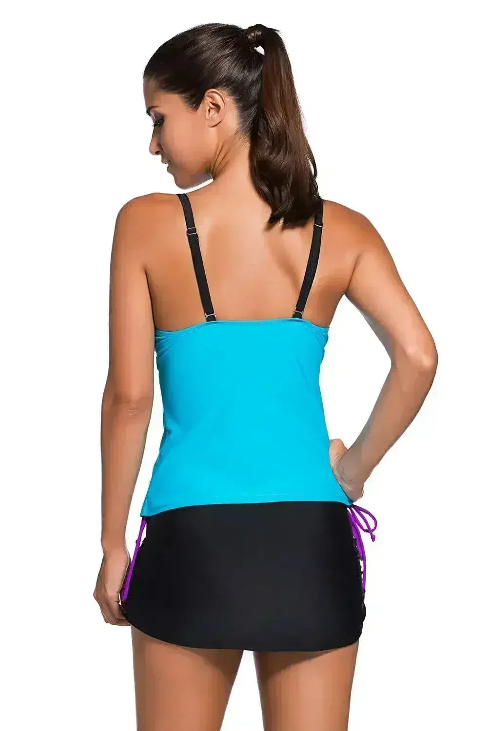 Purple Blue Colorblock 2 Pieces Tankini Skort Bottom Swimsuit